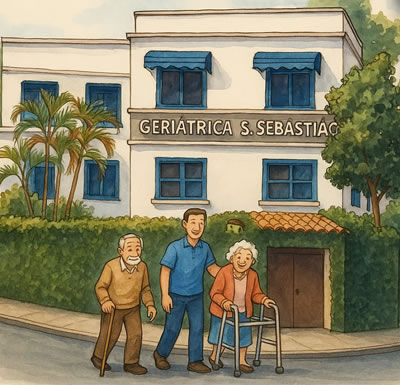 Ilustação de idoso em passeio com cuidador